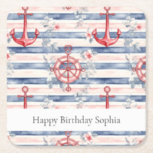 Blue Red Anchors Floral Stripes Beach Birthday Square Paper Coaster