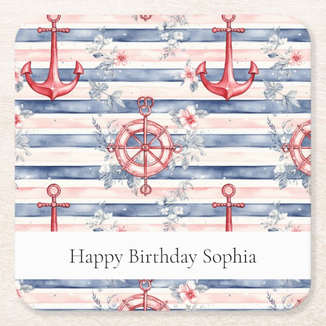 Blue Red Anchors Floral Stripes Beach Birthday Square Paper Coaster (Front)