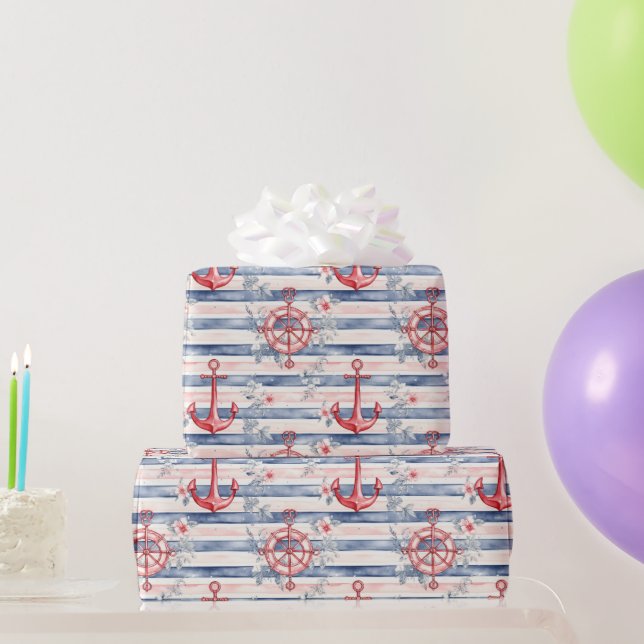 Blue Red Anchors Floral Stripes Beach Birthday Wrapping Paper (Party Gifts)