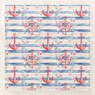 Blue Red Anchors Floral Stripes Beach  Glass Coaster