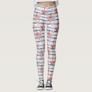 Blue Red Anchors Floral Stripes Beach  Leggings