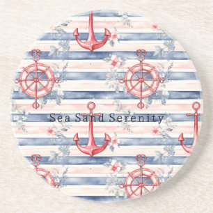 Blue Red Anchors Floral Stripes Beach Ocean Coaster