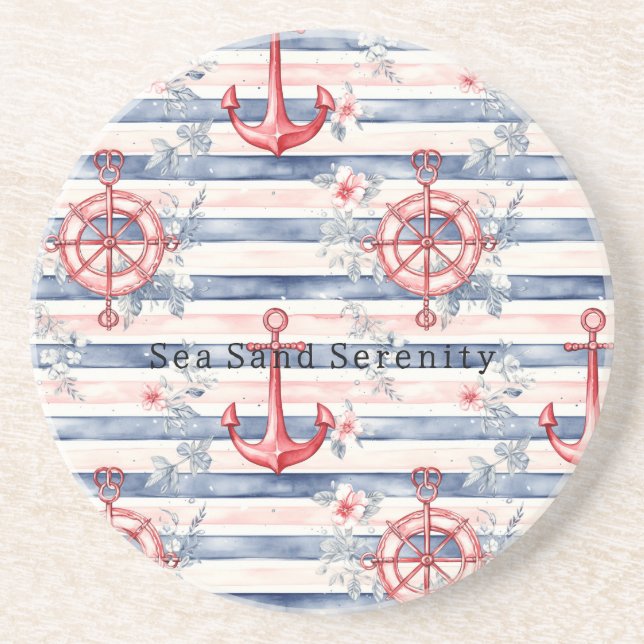 Blue Red Anchors Floral Stripes Beach Ocean Coaster (Front)