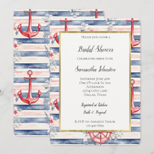 Blue Red Anchors Floral Stripes Bridal Shower Invitation