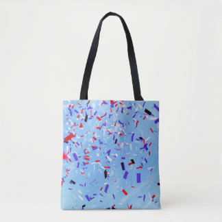 Blue, red, and black paper cutouts tote bag