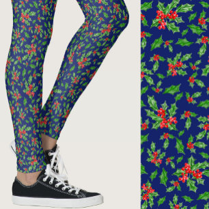 Blue, red, and green holly Christmas Patterned Leggings