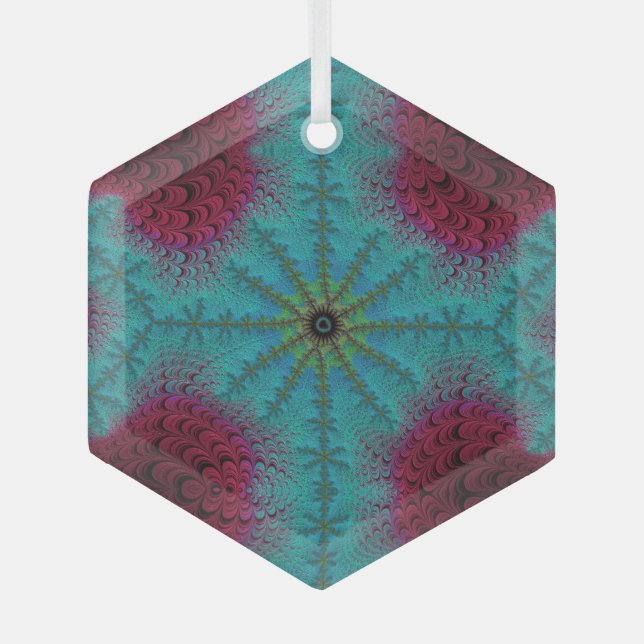Blue Red and Green Starburst Fractal Suncatcher Glass Tree Decoration (Front)