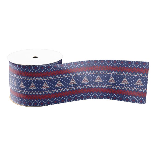 Blue  Red and White Christmas Tree Knitted Pattern Grosgrain Ribbon (Spool)