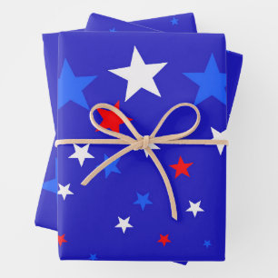 Blue, Red and White Star Pattern Wrapping Paper Sheet