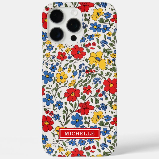 Blue Red and Yellow Ditsy Flowers Monogrammed Case-Mate iPhone Case (Back)