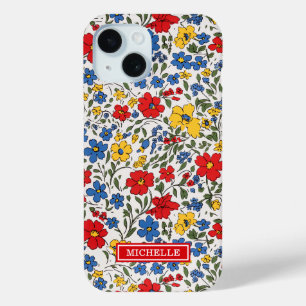 Blue Red and Yellow Ditsy Flowers Monogrammed iPhone 15 Case