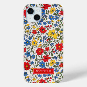 Blue Red and Yellow Ditsy Flowers Monogrammed iPhone 15 Mini Case