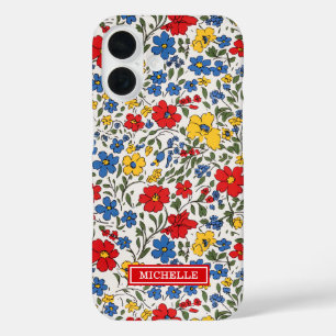 Blue Red and Yellow Ditsy Flowers Monogrammed iPhone 16 Case