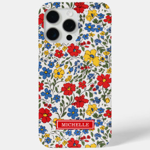 Blue Red and Yellow Ditsy Flowers Monogrammed iPhone 15 Pro Max Case