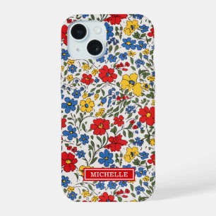 Blue Red and Yellow Ditsy Flowers Monogrammed iPhone 15 Case