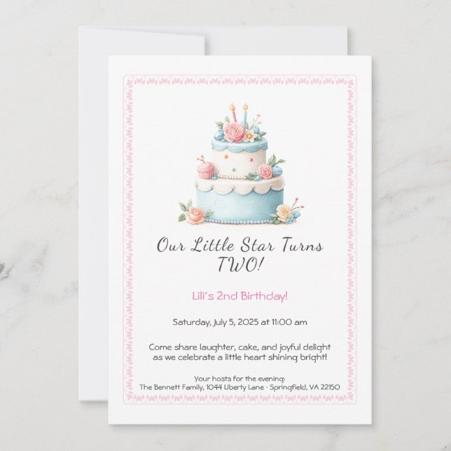Blue & Red Birthday Cake – 2nd Birthday Invitation (Front)