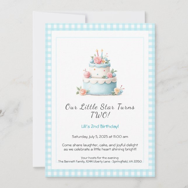 Blue & Red Birthday Cake – 2nd Birthday Invitation (Front)