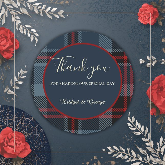 blue red black scottish celtic tartan pattern classic round sticker (Creator Uploaded)