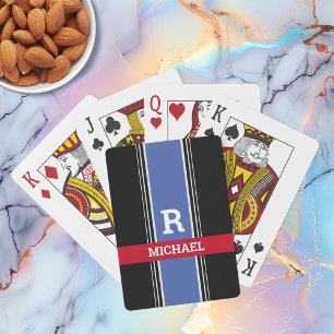 Blue Red & Black Stripes, Bold Monogram & Name Playing Cards