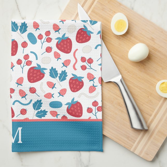 Blue Red Boho Strawberry Pattern Monogram Tea Towel (Quarter Fold)