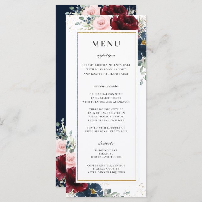 Blue Red Burgundy Blush Pink Floral Wedding Menu (Front/Back)