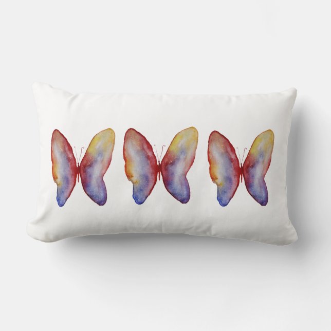 Blue Red Butterflies Watercolor Lumbar Pillow (Front)