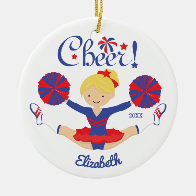 Blue Red Cheer Blonde Cheerleader Personalised Ceramic Tree Decoration (Front)