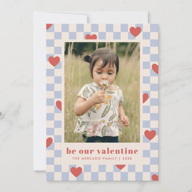 Blue Red Chequerboard Hearts Valentine's Day Card (Front)