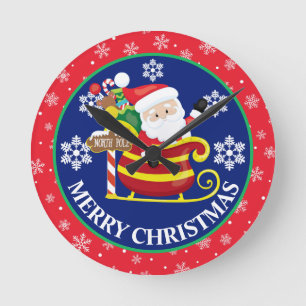 Blue Red Christmas Santa Sleigh Winter Round Clock