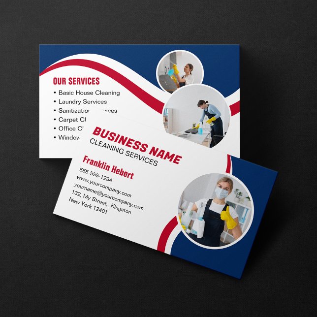Blue & Red Cleaning Service Housekeeping Maid Business Card (Creator Uploaded)