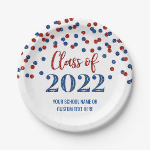 Blue Red Confetti Graduation 2022 Paper Plate