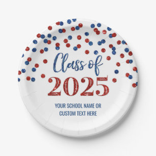 Blue Red Confetti Graduation 2025 Paper Plate