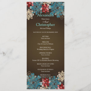 Blue Red & Cream Flowers Retro Wedding Program Programme