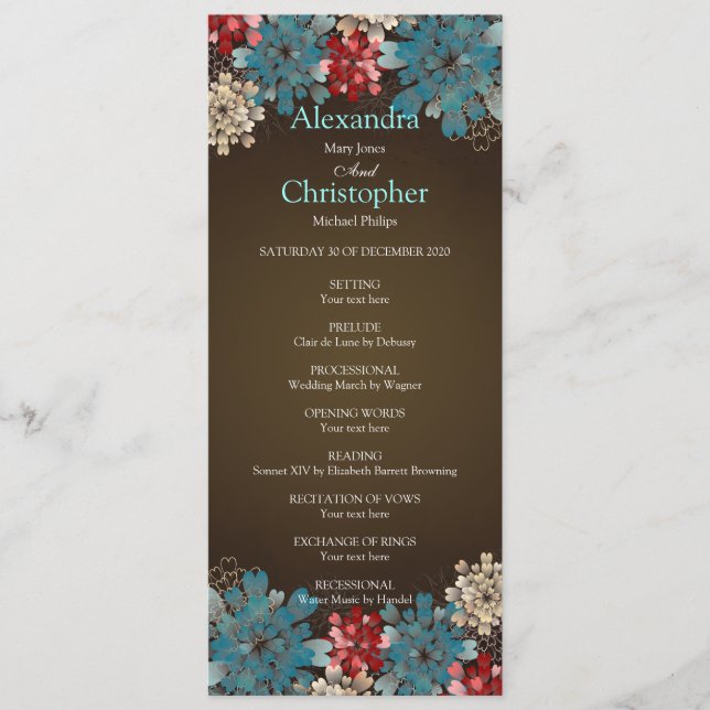 Blue Red & Cream Flowers Retro Wedding Program Programme (Front)