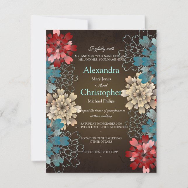 Blue Red & Cream Flowers Retro Wedding S2 Invitation (Front)