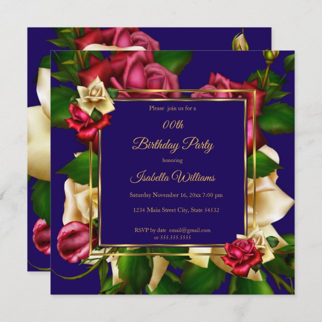Blue Red cream Rose floral Gold Birthday Party Invitation (Front/Back)
