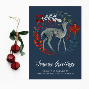 Blue Red Deer Wreath Nordic Folk Business Holiday Card