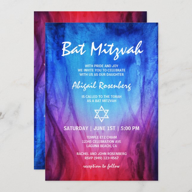 Blue Red Fire and Ice | Star of David Bat Mitzvah Invitation (Front/Back)