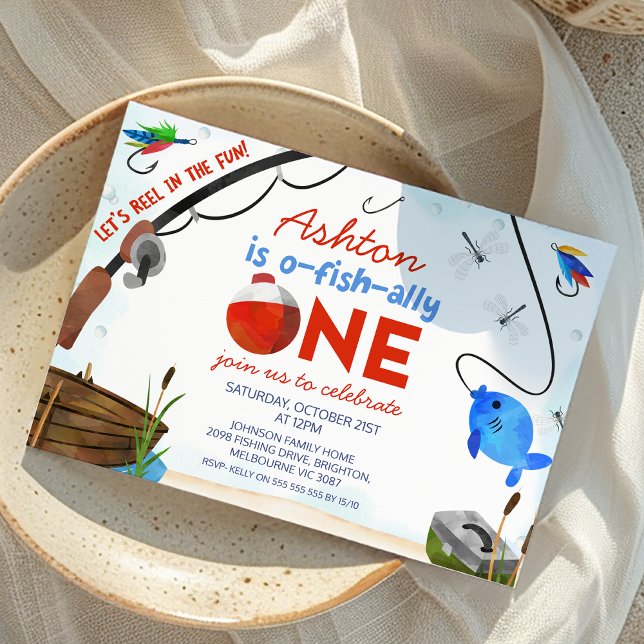 Blue Red Fishing Ofishally One 1st Birthday  Invitation (Reel Fun Ofishally 1st Birthday Invitation, Fishing Themed First Birthday Party Invite, O-fish-ally)