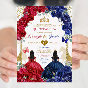 Blue Red Floral Elegant Twins Girls Quinceanera Invitation