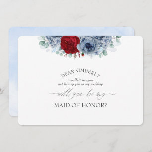 Blue Red Floral Maid of Honour Bridesmaid Proposal Invitation