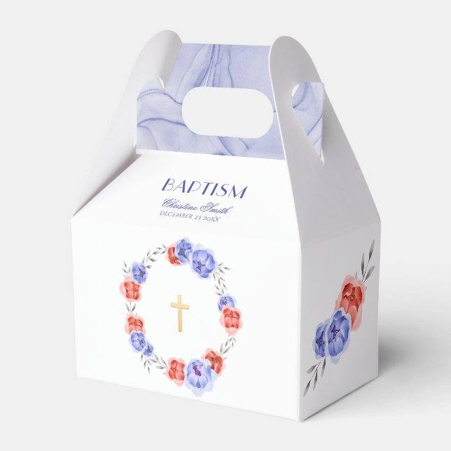 Blue Red Floral Wreath Boy Girl Baptism Favour Box (Front Side)