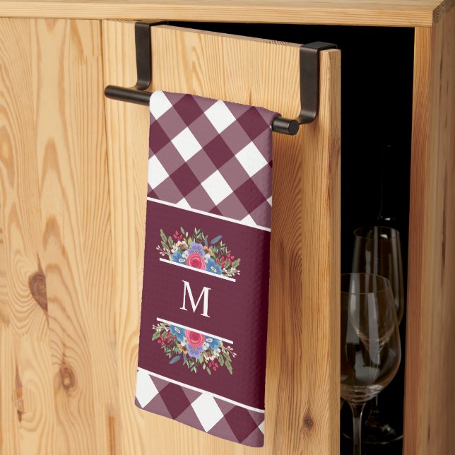 Blue Red Flower Bouquets Burgundy Plaid Monogram  Tea Towel (Thirds Fold)