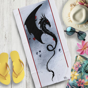 Blue Red Flowers Black Dragon Beach Towel