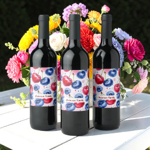 Blue Red Fruit Berry Cherry Watercolor Pattern Wine Label