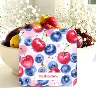 Blue Red Fruit Food Pattern Berry Cherry Square Paper Coaster