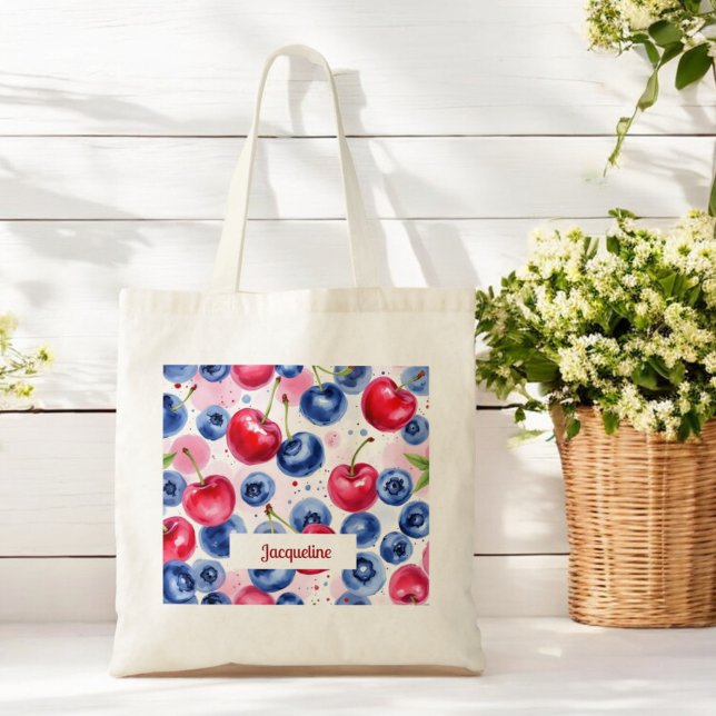 Blue Red Fruits Berry Cherry Pattern Tote Bag (Creator Uploaded)
