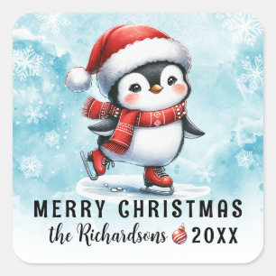Blue Red Fun Penguin Ice Skater Merry Christmas Square Sticker