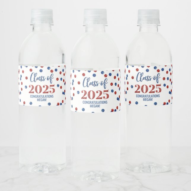 Blue Red Glitter Class of 2025 Graduation Water Bottle Label (Bottles)