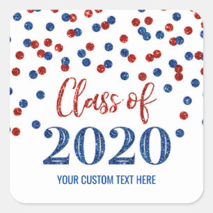 Blue Red Glitter Confetti Graduation 2020 Square Sticker